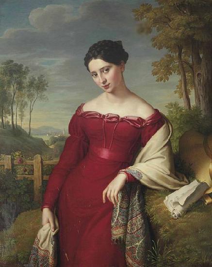 Eduard Friedrich Leybold Portrait of a young lady in a red dress with a paisley shawl oil painting image